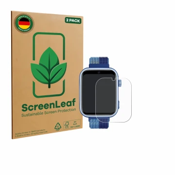 Vorderseite einer Produktverpackung mit dem Markenlogo ScreenLeaf. Daneben ist das Gerät JoJoego 4G Smartwatch kids mit dem zu