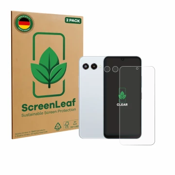 Vorderseite einer Produktverpackung mit dem Markenlogo ScreenLeaf. Daneben ist das Gerät Telekom T Phone 3 (Display+Kamera) mi