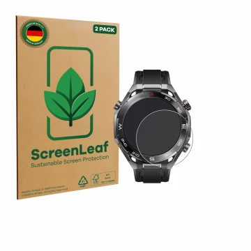 Vorderseite einer Produktverpackung mit dem Markenlogo ScreenLeaf. Daneben ist das Gerät Huawei Watch Ultimate 2 Black mit dem