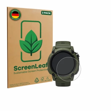 Vorderseite einer Produktverpackung mit dem Markenlogo ScreenLeaf. Daneben ist das Gerät Coros NOMAD mit dem zugehörigen Displ