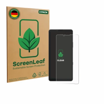 Vorderseite einer Produktverpackung mit dem Markenlogo ScreenLeaf. Daneben ist das Gerät Sony Xperia 10 VII mit dem zugehörige