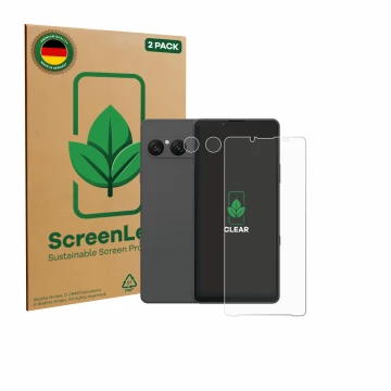 Vorderseite einer Produktverpackung mit dem Markenlogo ScreenLeaf. Daneben ist das Gerät Sony Xperia 10 VII (Display+Kamera) m