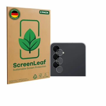 Vorderseite einer Produktverpackung mit dem Markenlogo ScreenLeaf. Daneben ist das Gerät Samsung Galaxy S25 FE Enterprise Edit