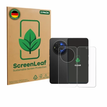 Vorderseite einer Produktverpackung mit dem Markenlogo ScreenLeaf. Daneben ist das Gerät TCL NXTPAPER 60 Ultra (Display+Rückse