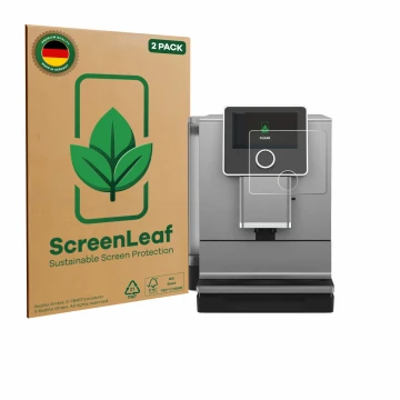 Vorderseite einer Produktverpackung mit dem Markenlogo ScreenLeaf. Daneben ist das Gerät Nivona NICR 970 mit dem zugehörigen D