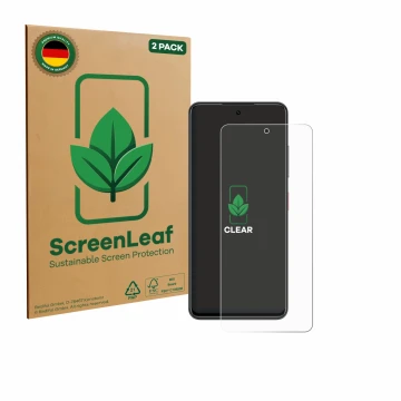 Vorderseite einer Produktverpackung mit dem Markenlogo ScreenLeaf. Daneben ist das Gerät Nubia Focus mit dem zugehörigen Displ