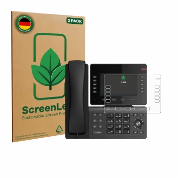 Vorderseite einer Produktverpackung mit dem Markenlogo ScreenLeaf. Daneben ist das Gerät Snom D865 mit dem zugehörigen Display