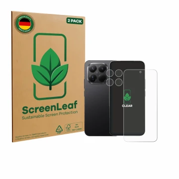 Vorderseite einer Produktverpackung mit dem Markenlogo ScreenLeaf. Daneben ist das Gerät Xiaomi 15T Pro (Display+Kamera) mit d