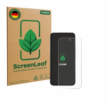 Vorderseite einer Produktverpackung mit dem Markenlogo ScreenLeaf. Daneben ist das Gerät Xiaomi 17 mit dem zugehörigen Display