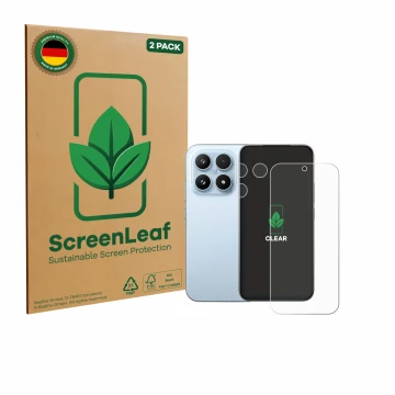 Vorderseite einer Produktverpackung mit dem Markenlogo ScreenLeaf. Daneben ist das Gerät Xiaomi 17 (Display+Kamera) mit dem zu