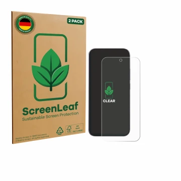 Vorderseite einer Produktverpackung mit dem Markenlogo ScreenLeaf. Daneben ist das Gerät Xiaomi 17 Pro Max mit dem zugehörigen