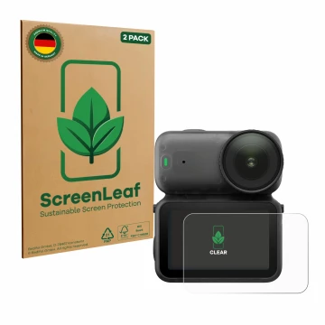 Vorderseite einer Produktverpackung mit dem Markenlogo ScreenLeaf. Daneben ist das Gerät DJI Osmo Nano mit dem zugehörigen Dis