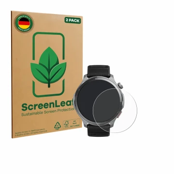 Vorderseite einer Produktverpackung mit dem Markenlogo ScreenLeaf. Daneben ist das Gerät Huami Amazfit Balance 2 XT mit dem zu