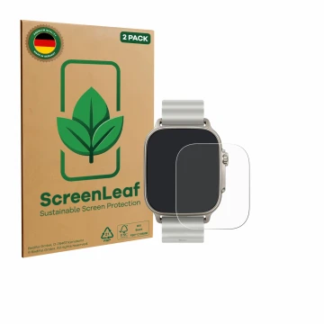 Vorderseite einer Produktverpackung mit dem Markenlogo ScreenLeaf. Daneben ist das Gerät realme Watch 5 mit dem zugehörigen Di