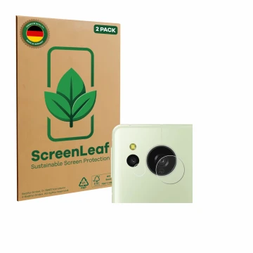 Vorderseite einer Produktverpackung mit dem Markenlogo ScreenLeaf. Daneben ist das Gerät Sharp Aquos Sense 8 (NUR Kamera) mit 