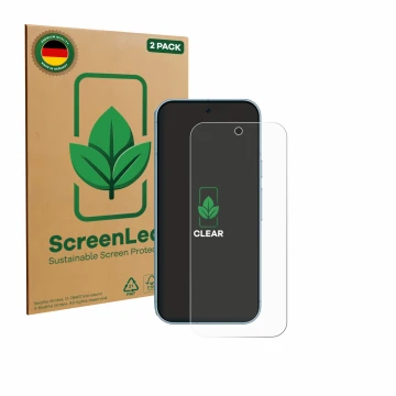 Vorderseite einer Produktverpackung mit dem Markenlogo ScreenLeaf. Daneben ist das Gerät Google Pixel 9 (case-friendly) mit de