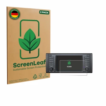 Vorderseite einer Produktverpackung mit dem Markenlogo ScreenLeaf. Daneben ist das Gerät Eonon E39A12S mit dem zugehörigen Dis