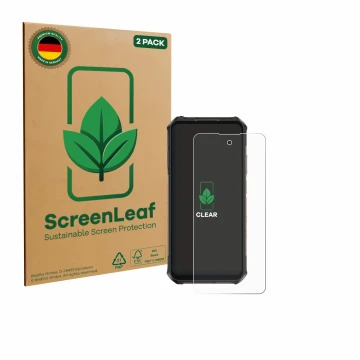 Vorderseite einer Produktverpackung mit dem Markenlogo ScreenLeaf. Daneben ist das Gerät Ulefone Armor X16 Pro mit dem zugehör