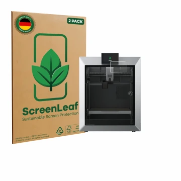 Vorderseite einer Produktverpackung mit dem Markenlogo ScreenLeaf. Daneben ist das Gerät Qidi Tech Q2 mit dem zugehörigen Disp