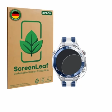 Vorderseite einer Produktverpackung mit dem Markenlogo ScreenLeaf. Daneben ist das Gerät Huawei Watch Ultimate 2 Blue mit dem 