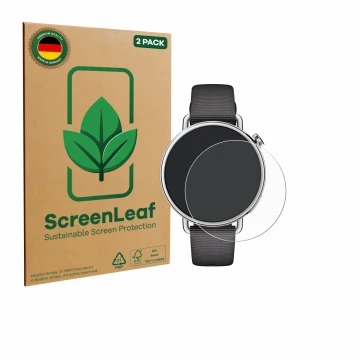 Vorderseite einer Produktverpackung mit dem Markenlogo ScreenLeaf. Daneben ist das Gerät Xiaomi Watch S4 (41 mm) mit dem zugeh