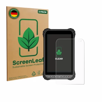 Vorderseite einer Produktverpackung mit dem Markenlogo ScreenLeaf. Daneben ist das Gerät Zoomsmart A8004 Series mit dem zugehö