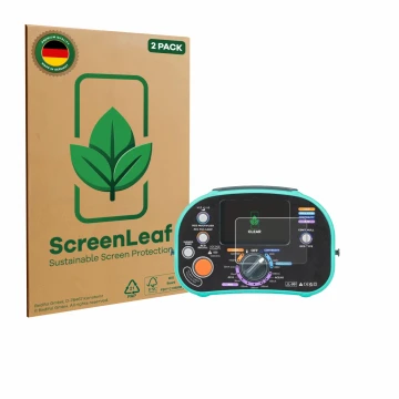 Vorderseite einer Produktverpackung mit dem Markenlogo ScreenLeaf. Daneben ist das Gerät Kewtech KT63DL mit dem zugehörigen Di