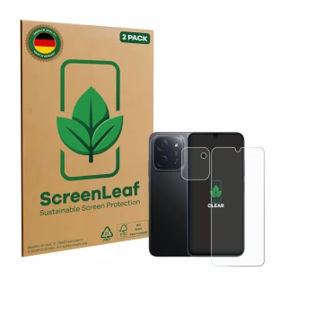 Vorderseite einer Produktverpackung mit dem Markenlogo ScreenLeaf. Daneben ist das Gerät Xiaomi Poco C85 (Display+Kamera) mit 