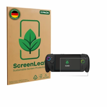 Vorderseite einer Produktverpackung mit dem Markenlogo ScreenLeaf. Daneben ist das Gerät ASUS ROG Ally X 2025 mit dem zugehöri