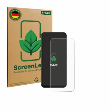 Vorderseite einer Produktverpackung mit dem Markenlogo ScreenLeaf. Daneben ist das Gerät Infinix Smart 10 mit dem zugehörigen 