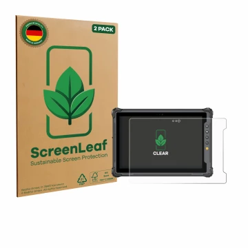 Vorderseite einer Produktverpackung mit dem Markenlogo ScreenLeaf. Daneben ist das Gerät onerugged W10 J mit dem zugehörigen D