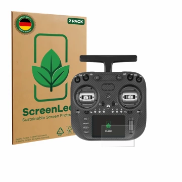 Vorderseite einer Produktverpackung mit dem Markenlogo ScreenLeaf. Daneben ist das Gerät Radiomaster TX15 Max mit dem zugehöri