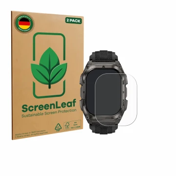 Vorderseite einer Produktverpackung mit dem Markenlogo ScreenLeaf. Daneben ist das Gerät Kospet Tank M4 mit dem zugehörigen Di