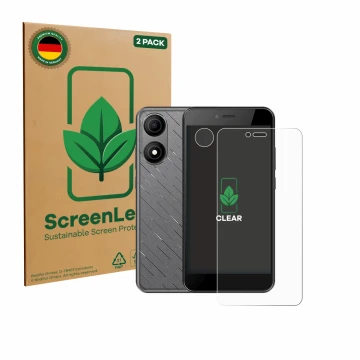 Vorderseite einer Produktverpackung mit dem Markenlogo ScreenLeaf. Daneben ist das Gerät HTC Wildfire E5 Life (Display+Kamera)