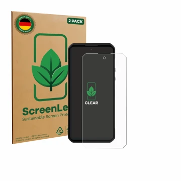 Vorderseite einer Produktverpackung mit dem Markenlogo ScreenLeaf. Daneben ist das Gerät Oukitel WP60 mit dem zugehörigen Disp