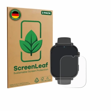 Vorderseite einer Produktverpackung mit dem Markenlogo ScreenLeaf. Daneben ist das Gerät Ucani A22 mit dem zugehörigen Display