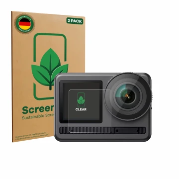 Vorderseite einer Produktverpackung mit dem Markenlogo ScreenLeaf. Daneben ist das Gerät Akaso Brave 8 (Vorderes Display) mit 