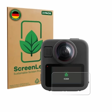 Vorderseite einer Produktverpackung mit dem Markenlogo ScreenLeaf. Daneben ist das Gerät GoPro Max 2 mit dem zugehörigen Displ