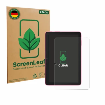 Vorderseite einer Produktverpackung mit dem Markenlogo ScreenLeaf. Daneben ist das Gerät Amazon Fire HD 8 2024 mit dem zugehör