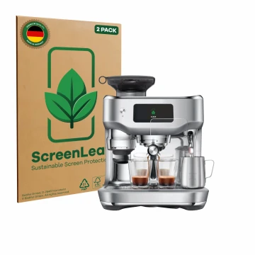 Vorderseite einer Produktverpackung mit dem Markenlogo ScreenLeaf. Daneben ist das Gerät Sage the Oracle Dual Boiler mit dem z