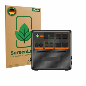 Vorderseite einer Produktverpackung mit dem Markenlogo ScreenLeaf. Daneben ist das Gerät Bluetti AC240P mit dem zugehörigen Di