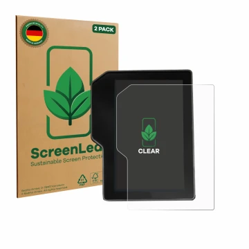 Vorderseite einer Produktverpackung mit dem Markenlogo ScreenLeaf. Daneben ist das Gerät Yamaha Tenere 700 / Rally 2025 mit de