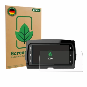 Vorderseite einer Produktverpackung mit dem Markenlogo ScreenLeaf. Daneben ist das Gerät Harley Davidson Soundstream Reserve W