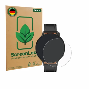 Vorderseite einer Produktverpackung mit dem Markenlogo ScreenLeaf. Daneben ist das Gerät Pireware Nano Smartwatch mit dem zuge