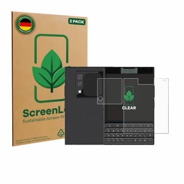 Vorderseite einer Produktverpackung mit dem Markenlogo ScreenLeaf. Daneben ist das Gerät Unihertz Titan 2 (Display+Kamera) mit
