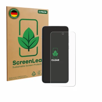 Vorderseite einer Produktverpackung mit dem Markenlogo ScreenLeaf. Daneben ist das Gerät OnePlus Ace 6 mit dem zugehörigen Dis