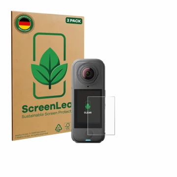 Vorderseite einer Produktverpackung mit dem Markenlogo ScreenLeaf. Daneben ist das Gerät Insta360 X4 Air mit dem zugehörigen D