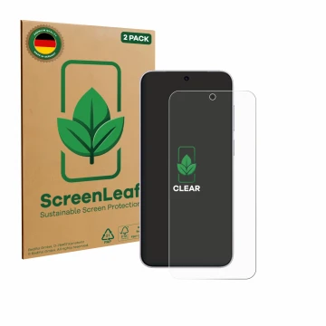 Vorderseite einer Produktverpackung mit dem Markenlogo ScreenLeaf. Daneben ist das Gerät Vivo X300 mit dem zugehörigen Display