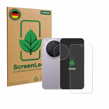 Vorderseite einer Produktverpackung mit dem Markenlogo ScreenLeaf. Daneben ist das Gerät Vivo X300 (Display+Kamera) mit dem zu