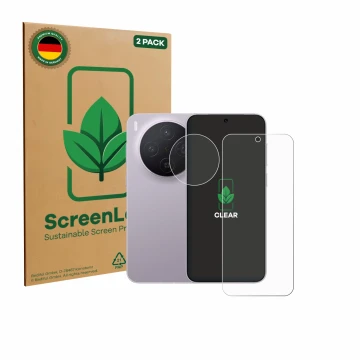 Vorderseite einer Produktverpackung mit dem Markenlogo ScreenLeaf. Daneben ist das Gerät Vivo X300 Pro (Display+Kamera) mit de
